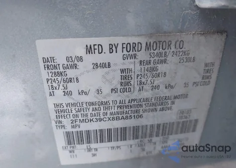 2008 Ford Edge Limited z USA, uszkodzony, nr VIN 2FMDK39CX8BA85106